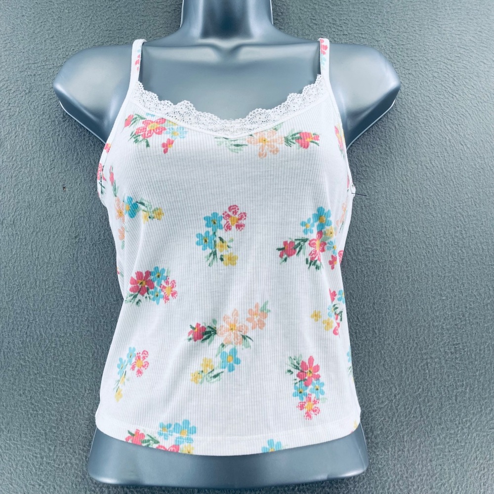 Colsie Women Cami Top Ribbed Floral Lace Trim Small Cottagecore‎ White